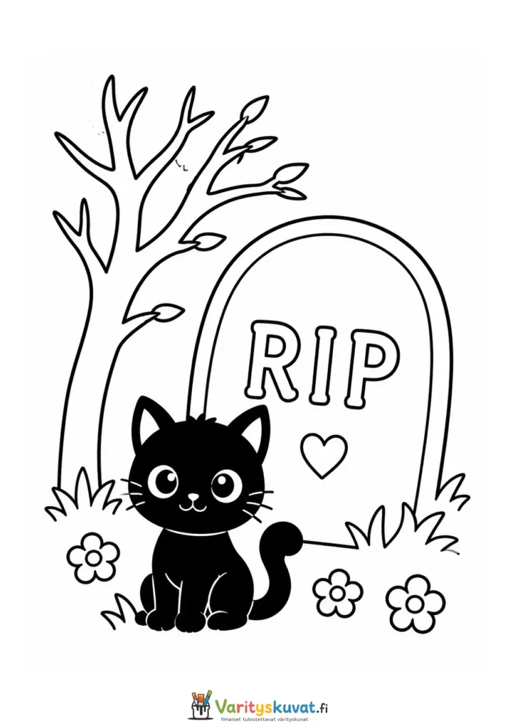 Söpö musta kissa istuu RIP-hautakiven, puun ja kukkien vieressä