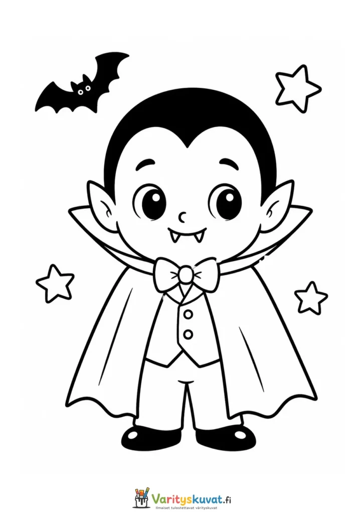Söpö pieni vampyyri viitassa lepakkon ja tähtien keskellä