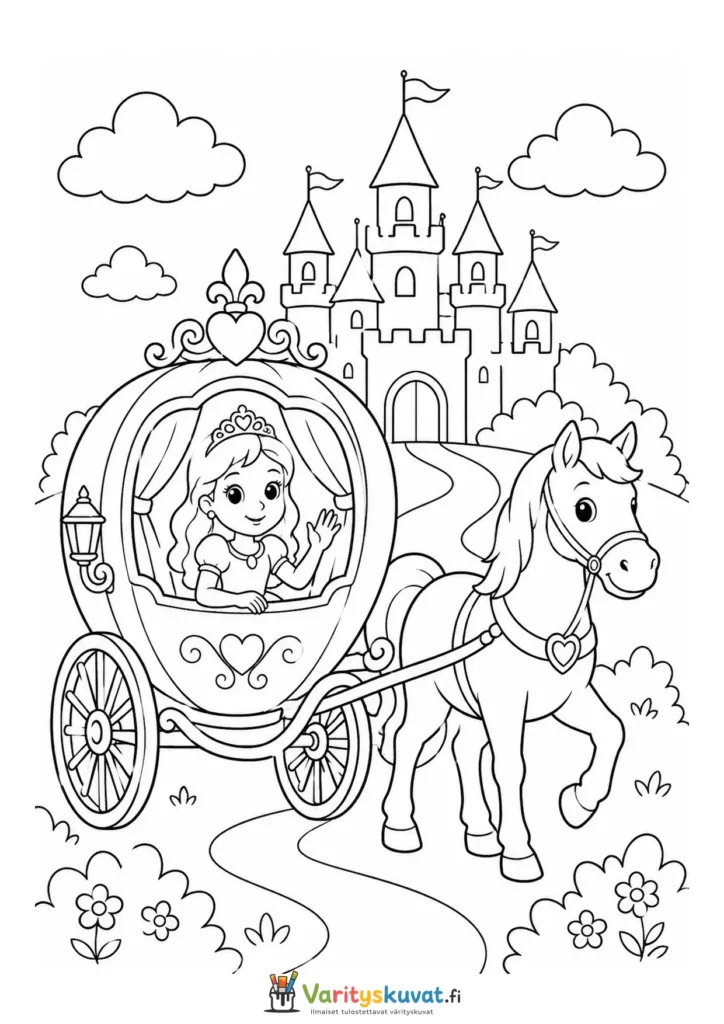 Söpö kawaii-prinsessa matkustaa hevosvaunuissa toisena versiona värityskuva