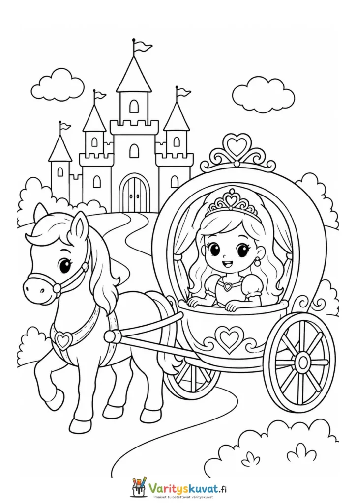 Söpö kawaii-prinsessa matkustaa hevosvaunuissa kolmantena versiona värityskuva