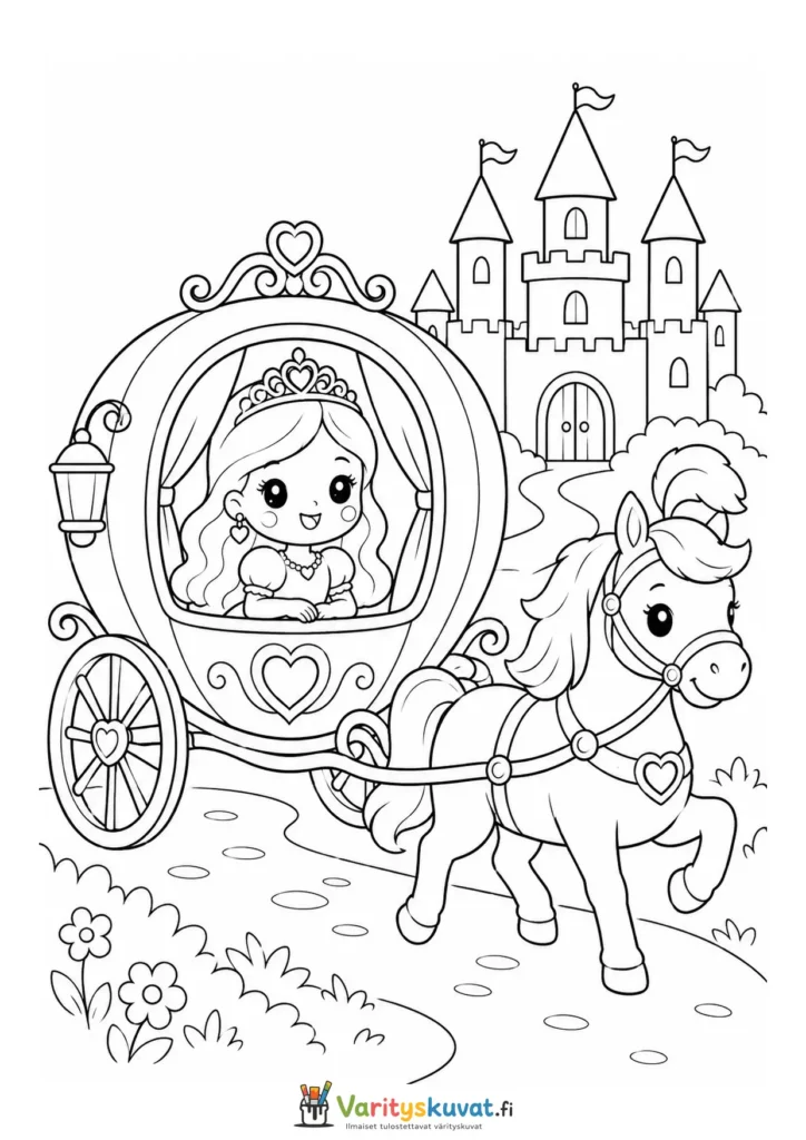 Söpö kawaii-prinsessa matkustaa hevosvaunuissa versiona 4 värityskuva