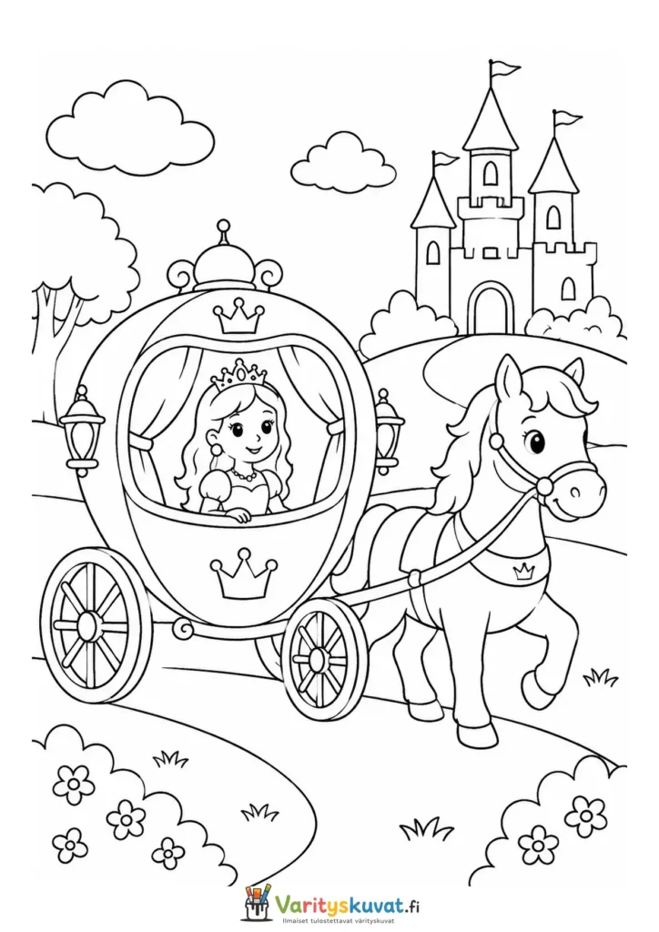 Söpö kawaii-prinsessa matkustaa hevosvaunuissa värityskuva