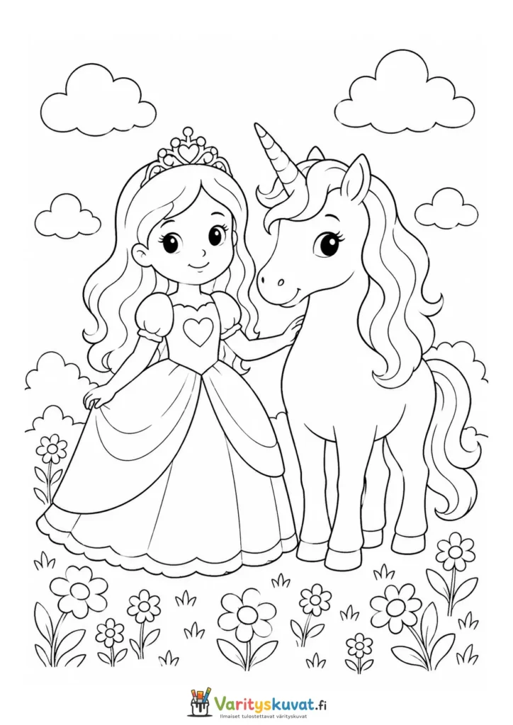 Söpö kawaii-prinsessa seisoo yksisarvisen kanssa kukkaniityllä toisena versiona värityskuva