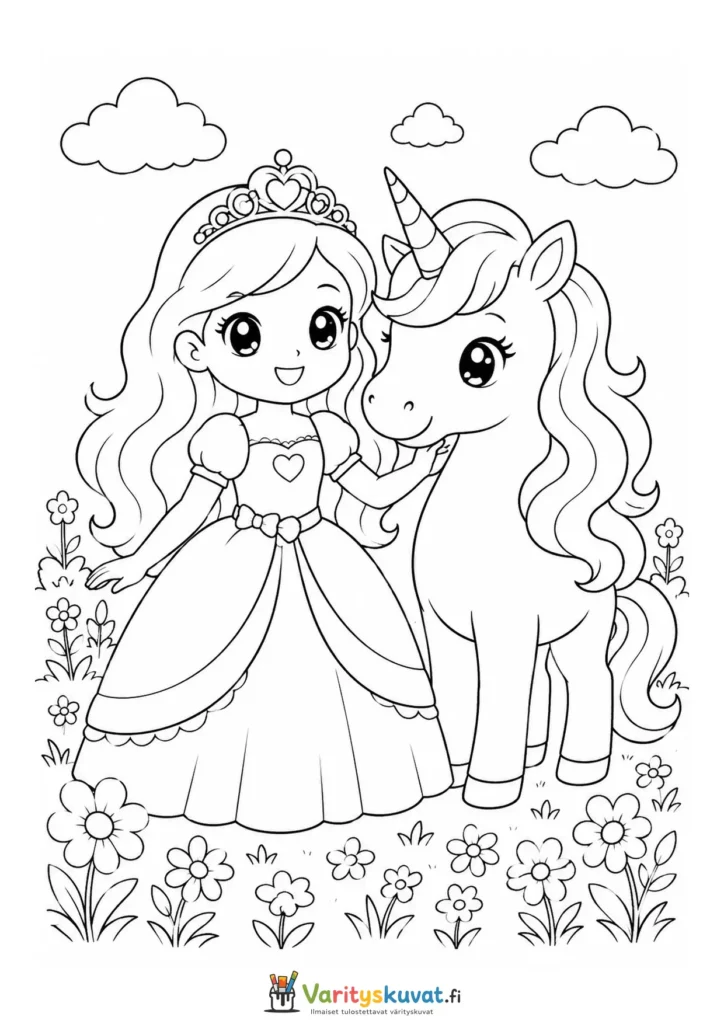 Söpö kawaii-prinsessa seisoo yksisarvisen kanssa kukkaniityllä versiona 4 värityskuva