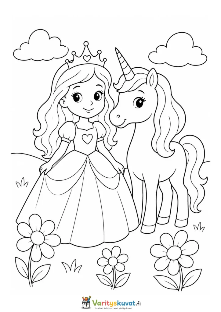 Söpö kawaii-prinsessa seisoo yksisarvisen kanssa kukkaniityllä värityskuva