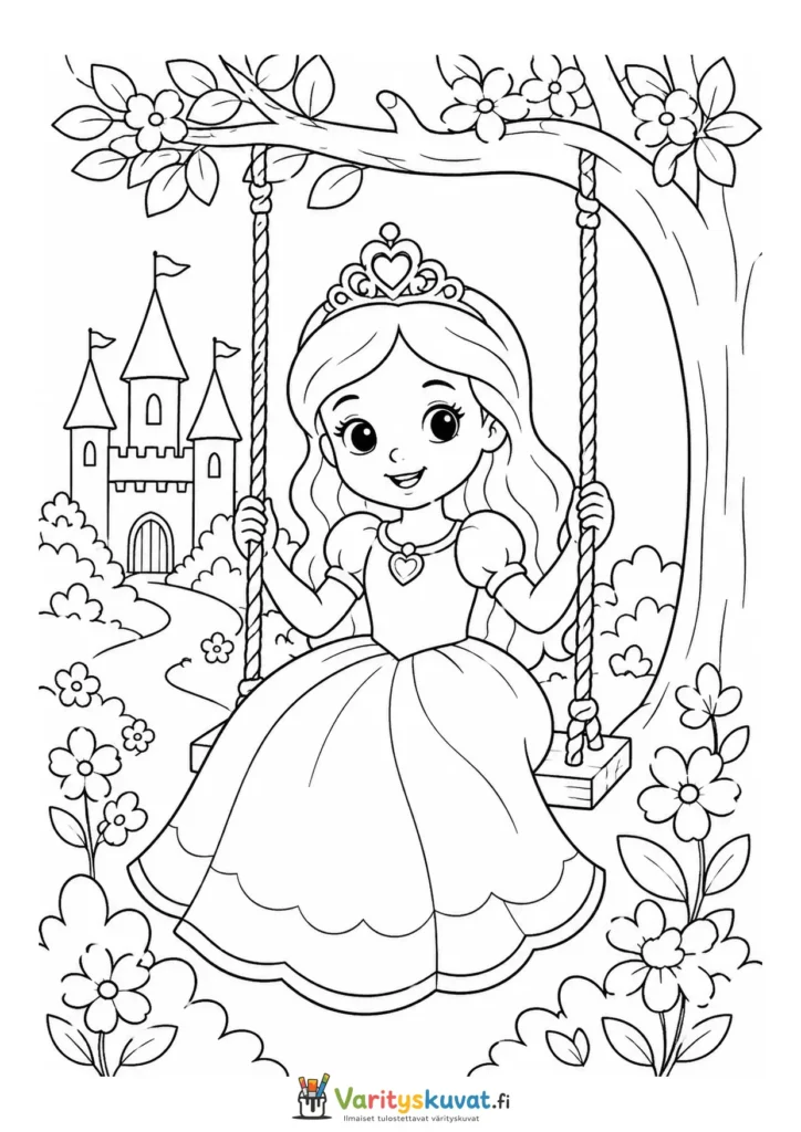 Söpö kawaii-prinsessa keinuu kukkapuutarhassa toisena versiona värityskuva