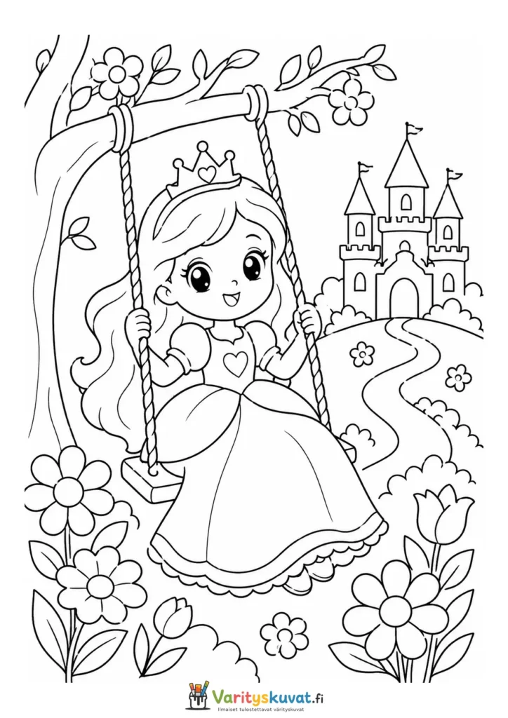 Söpö kawaii-prinsessa keinuu kukkapuutarhassa kolmantena versiona värityskuva