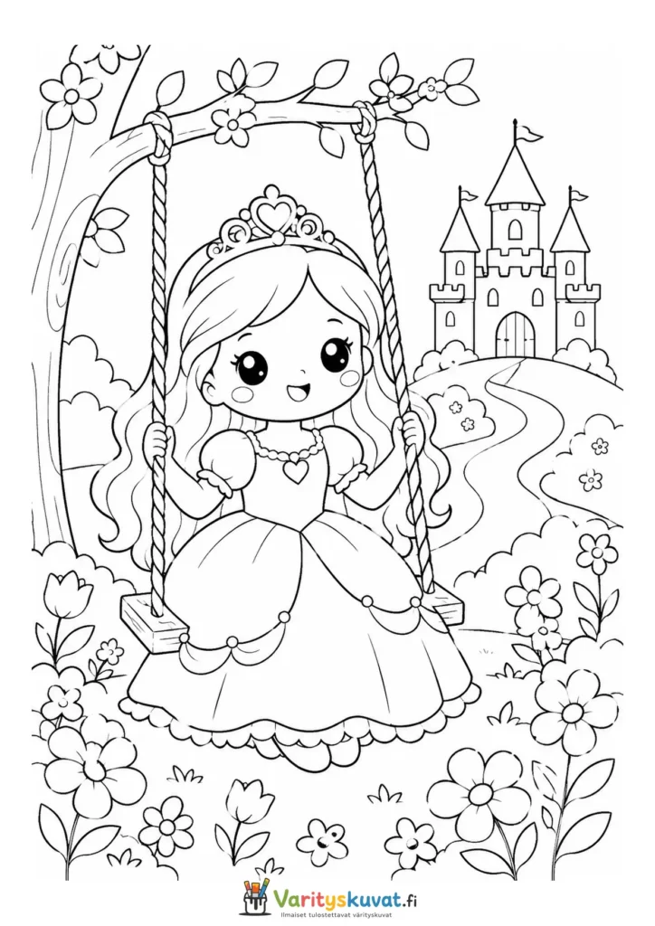 Söpö kawaii-prinsessa keinuu kukkapuutarhassa versiona 4 värityskuva