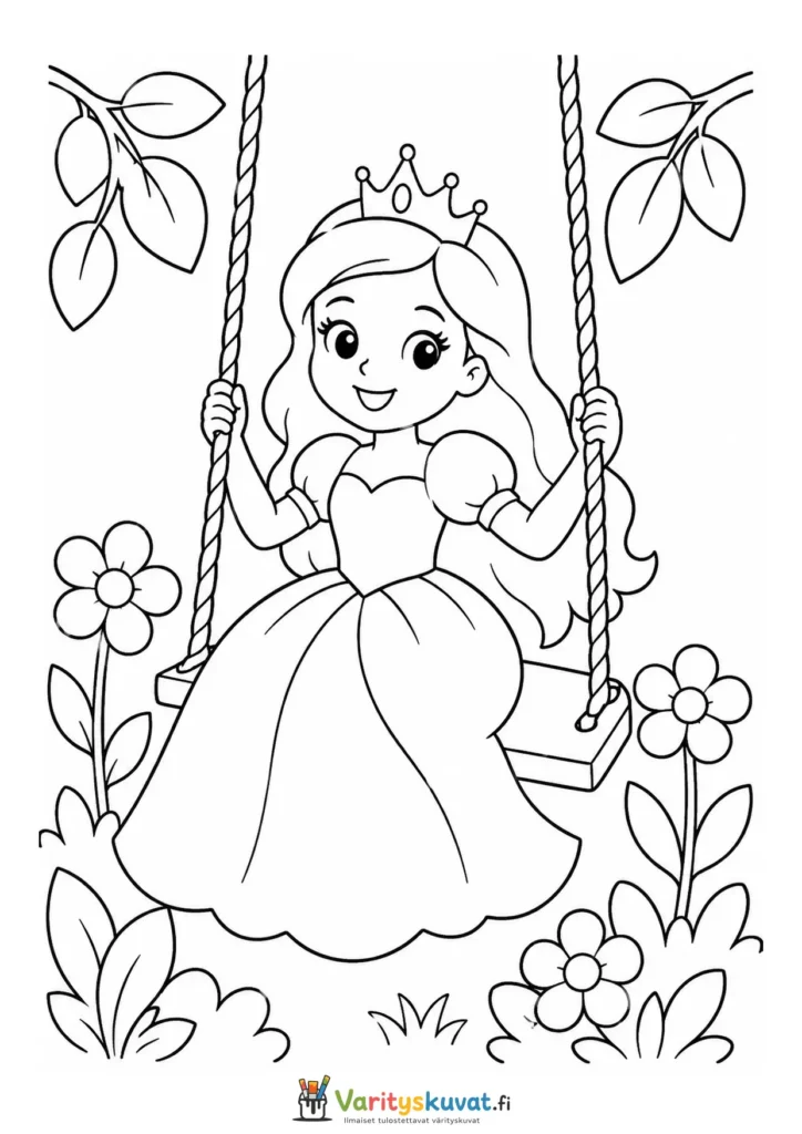 Söpö kawaii-prinsessa keinuu kukkapuutarhassa värityskuva