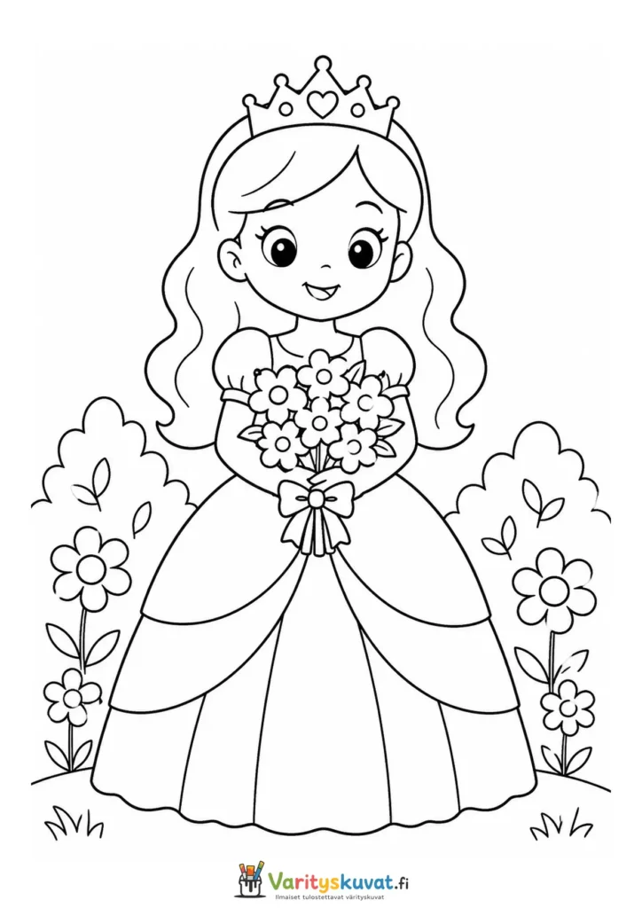 Söpö kawaii-prinsessa pitelee kukkakimppua toisena versiona värityskuva