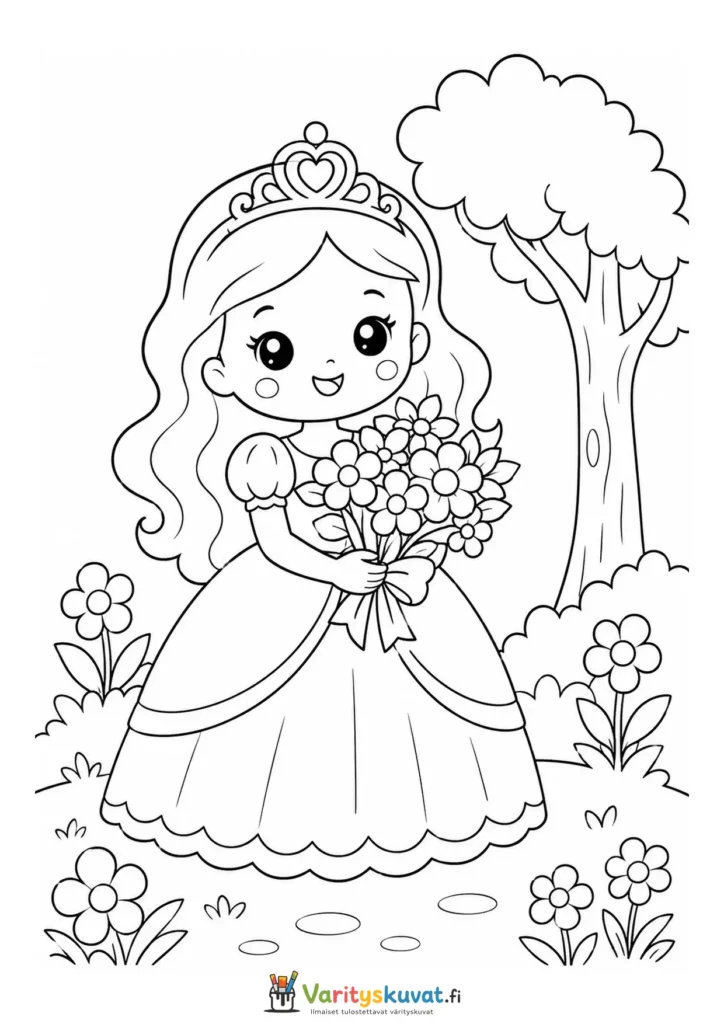 Söpö kawaii-prinsessa pitelee kukkakimppua versiona 4 värityskuva