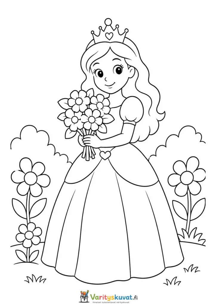 Söpö kawaii-prinsessa pitelee kukkakimppua värityskuva