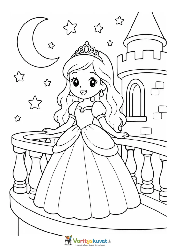 Söpö kawaii-prinsessa seisoo linnan parvekkeella kuutamossa kolmantena versiona värityskuva