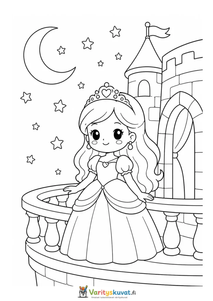 Söpö kawaii-prinsessa seisoo linnan parvekkeella kuutamossa versiona 4 värityskuva