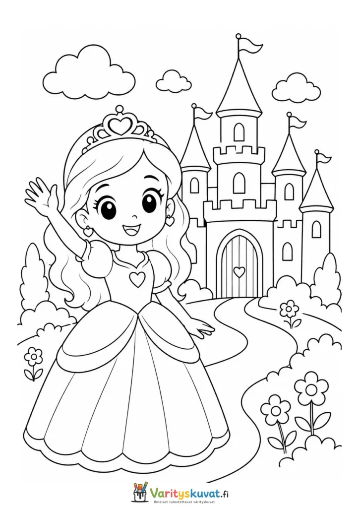Söpö kawaii-prinsessa vilkuttaa linnan edustalla kolmantena versiona värityskuva