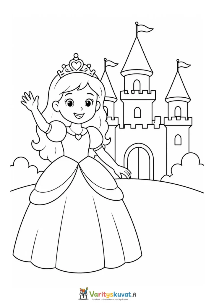 Söpö kawaii-prinsessa vilkuttaa linnan edustalla värityskuva