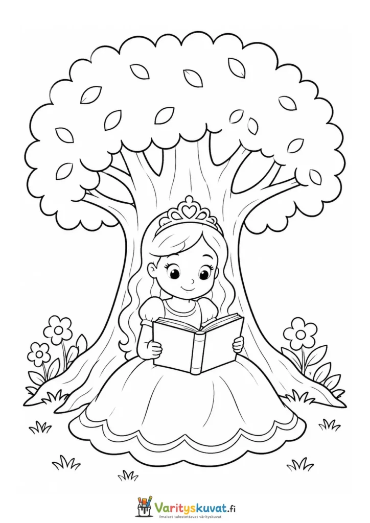 Söpö kawaii-prinsessa lukee kirjaa suuren puun alla toisena versiona värityskuva