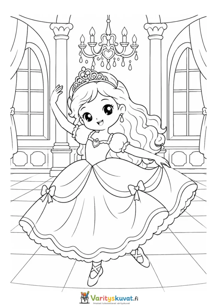 Söpö kawaii-prinsessa tanssii linnan juhlasalissa versiona 4 värityskuva