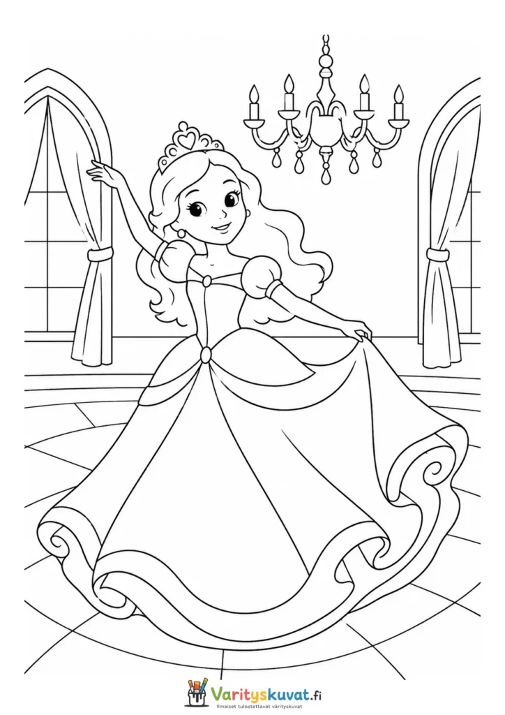 Söpö kawaii-prinsessa tanssii linnan juhlasalissa värityskuva