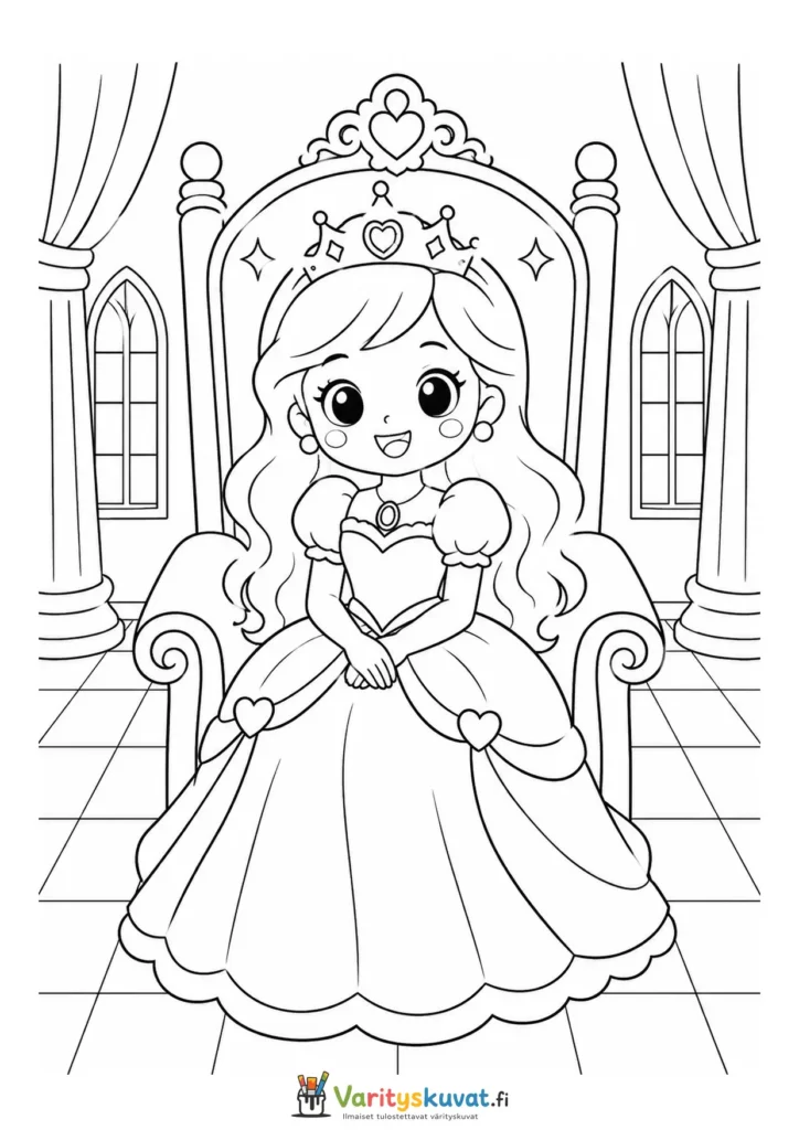 Söpö kawaii-prinsessa istuu valtaistuimella kolmantena versiona värityskuva