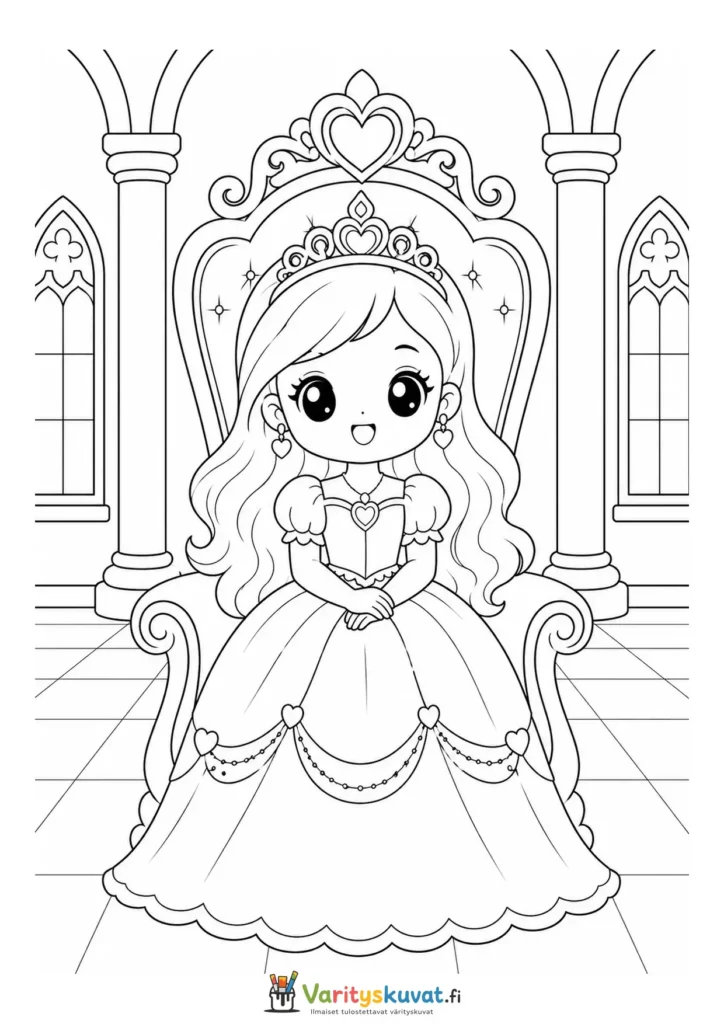 Söpö kawaii-prinsessa istuu valtaistuimella versiona 4 värityskuva