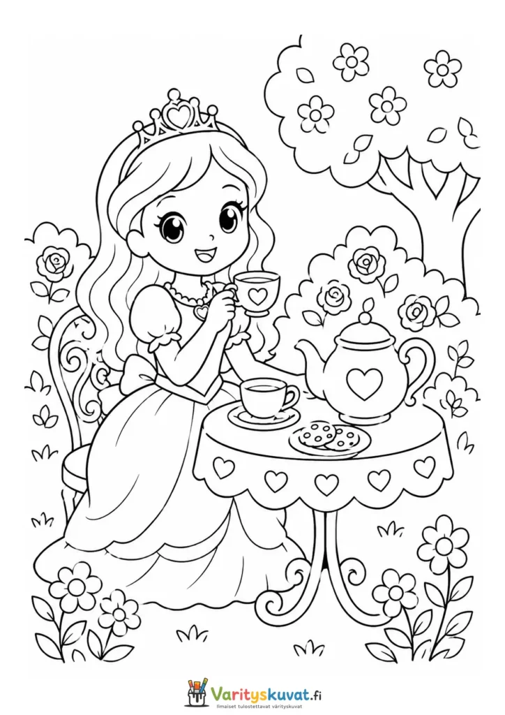 Söpö kawaii-prinsessa pitää teekutsut puutarhassa kolmantena versiona värityskuva