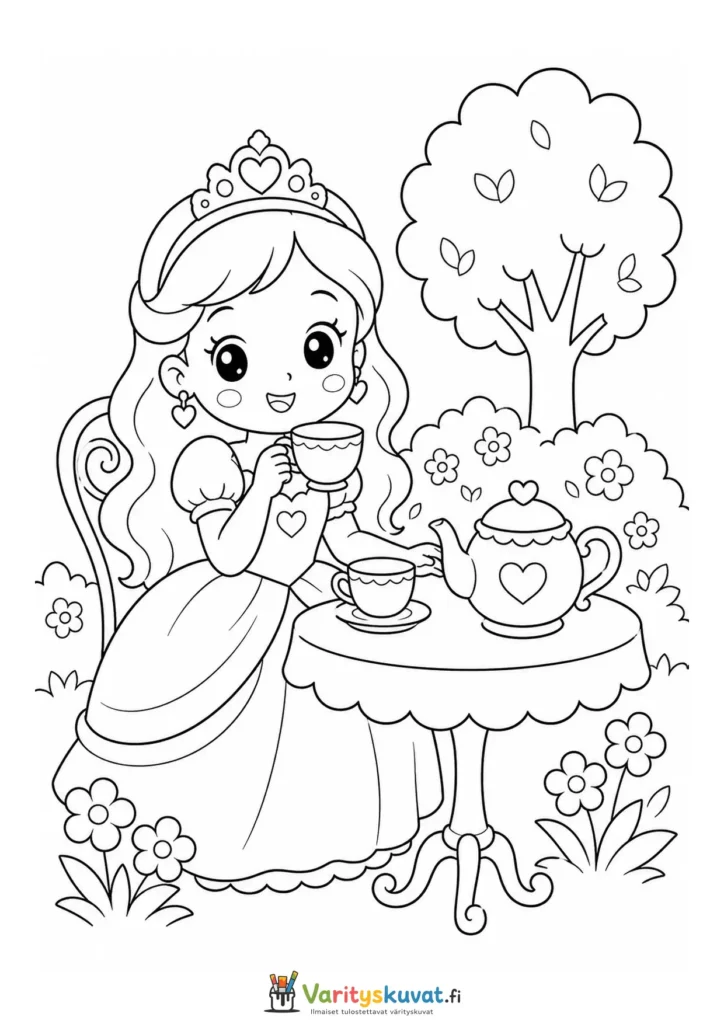 Söpö kawaii-prinsessa pitää teekutsut puutarhassa versiona 4 värityskuva