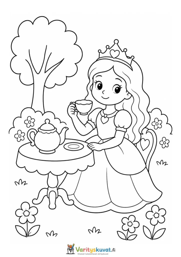 Söpö kawaii-prinsessa pitää teekutsut puutarhassa värityskuva