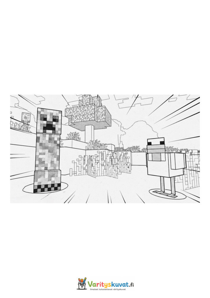 Minecraft Creeper seisoo kanan vieressä pellon laidalla.