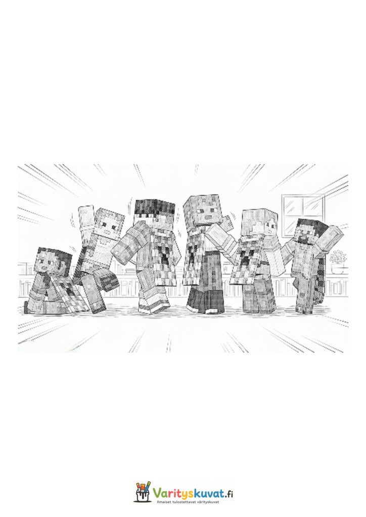 Kuusi Minecraft-elokuvan hahmoa seisoo rinnakkain.
