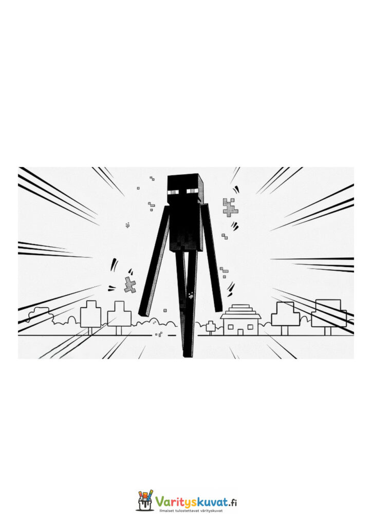 Minecraft Enderman seisoo pitkänä avoimessa kylämaisemassa.