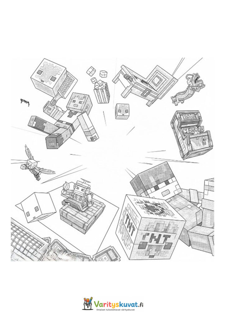 Minecraft-hahmot, TNT, arkut, työkalut ja muut esineet leijuvat kuvan keskellä.
