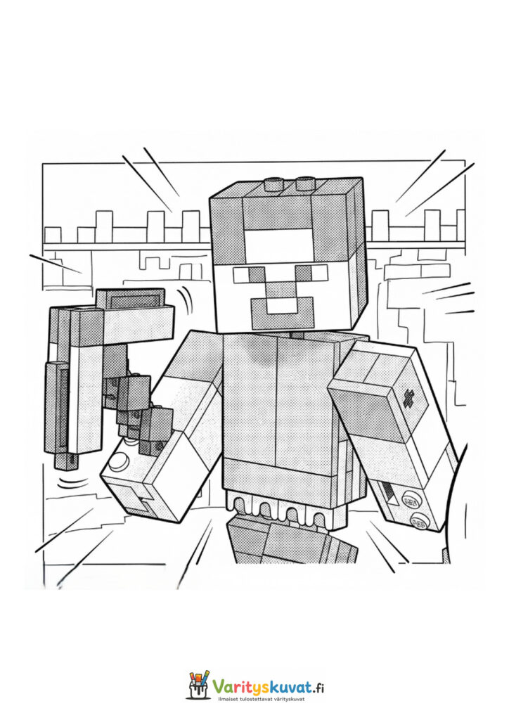 Haarniskoitu Minecraft-seikkailija seisoo ase kädessään kaupunkimaisemassa.