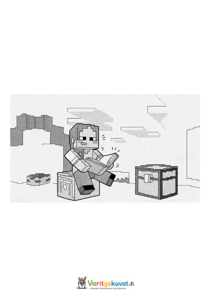 Minecraft-hahmo istuu ja lukee kirjaa kahden arkun välissä.