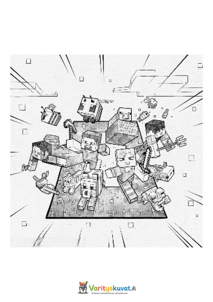 Minecraft-hahmot ja eläimet poseeraavat yhdessä kuutioalustalla.