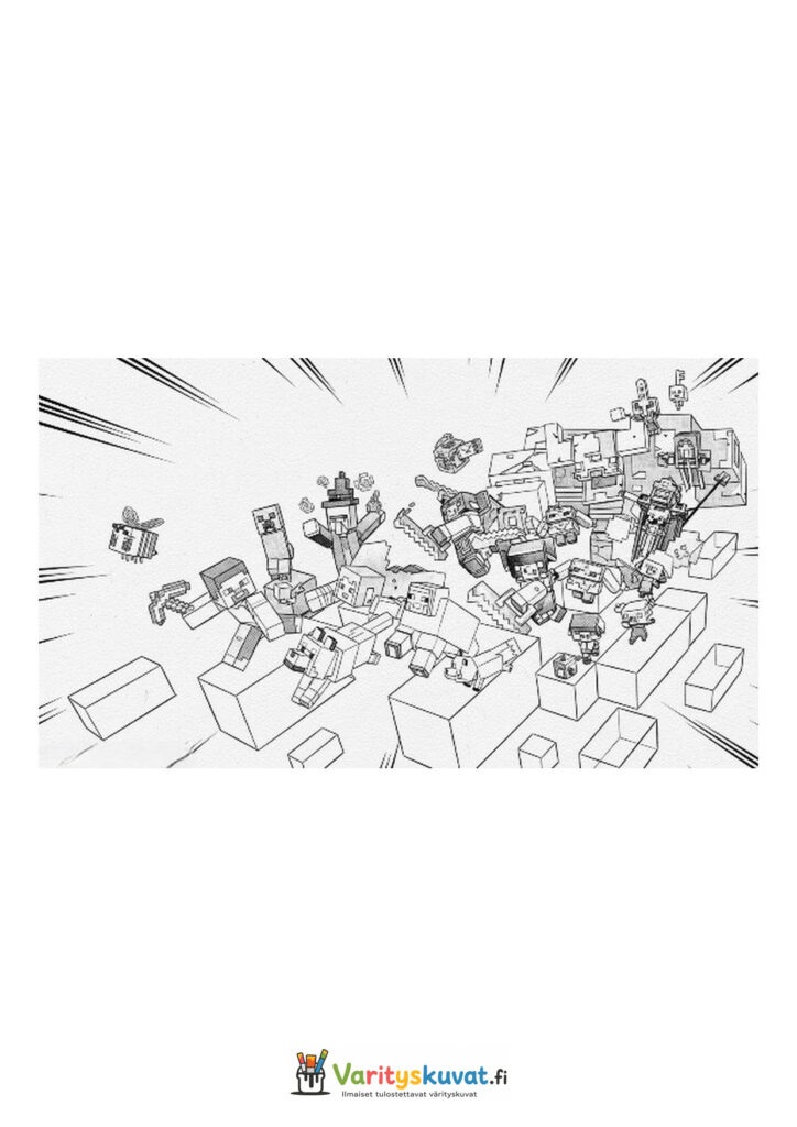 Minecraft-hahmot ja olennot putoavat ilmassa leijuvien kuutioiden keskellä.