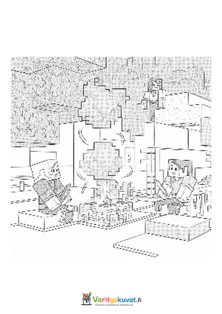 Minecraft-hahmot seisovat palikoiden keskellä suuren savupilven noustessa.
