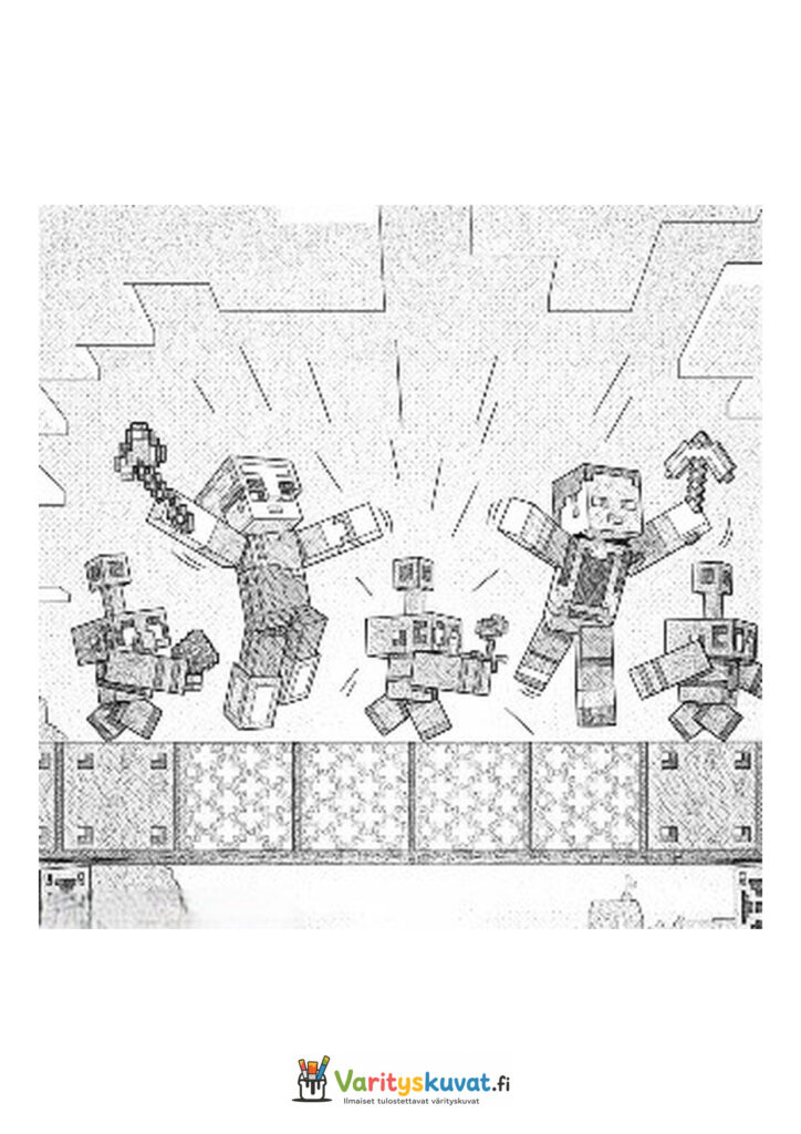 Minecraft-hahmot hyppivät ja tanssivat kuvioitujen palikoiden päällä.