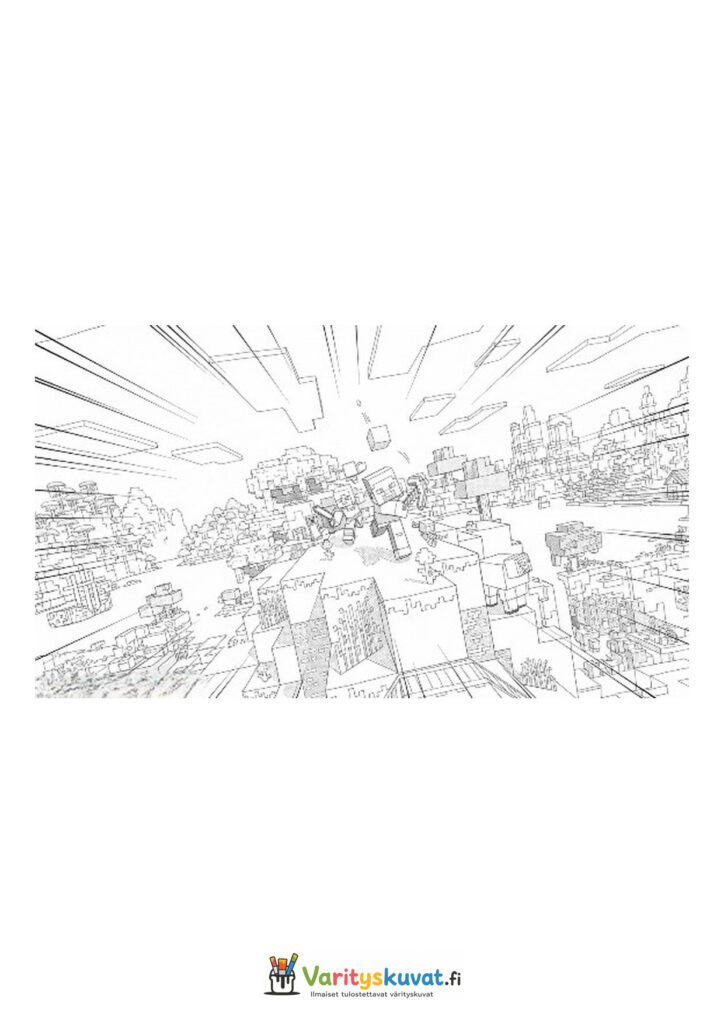 Minecraft-hahmot kulkevat vauhdikkaasti kuutioisessa vuoristomaisemassa.