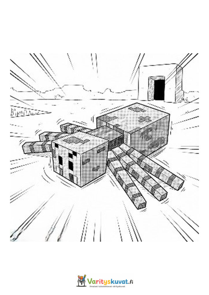 Suuri Minecraft-hämähäkki ryömii aavikolla portaalin lähellä.
