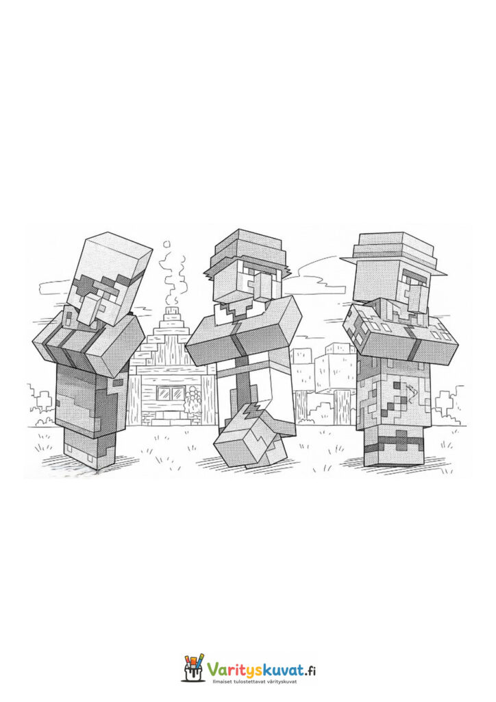 Kolme Minecraft-kyläläistä seisoo kylätalon edessä.