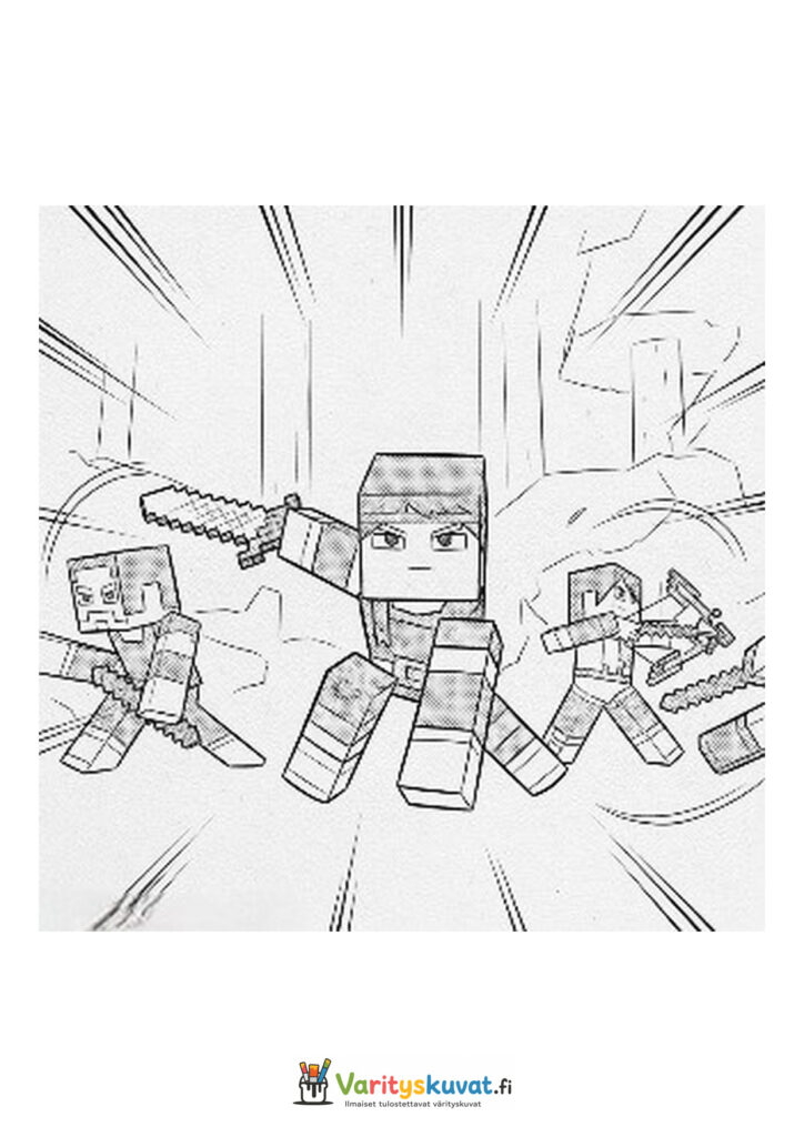 Kolme Minecraft-soturia juoksee miekat kädessään.