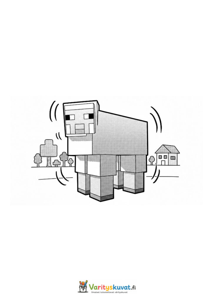 Minecraft-lammas seisoo kylän lähellä.