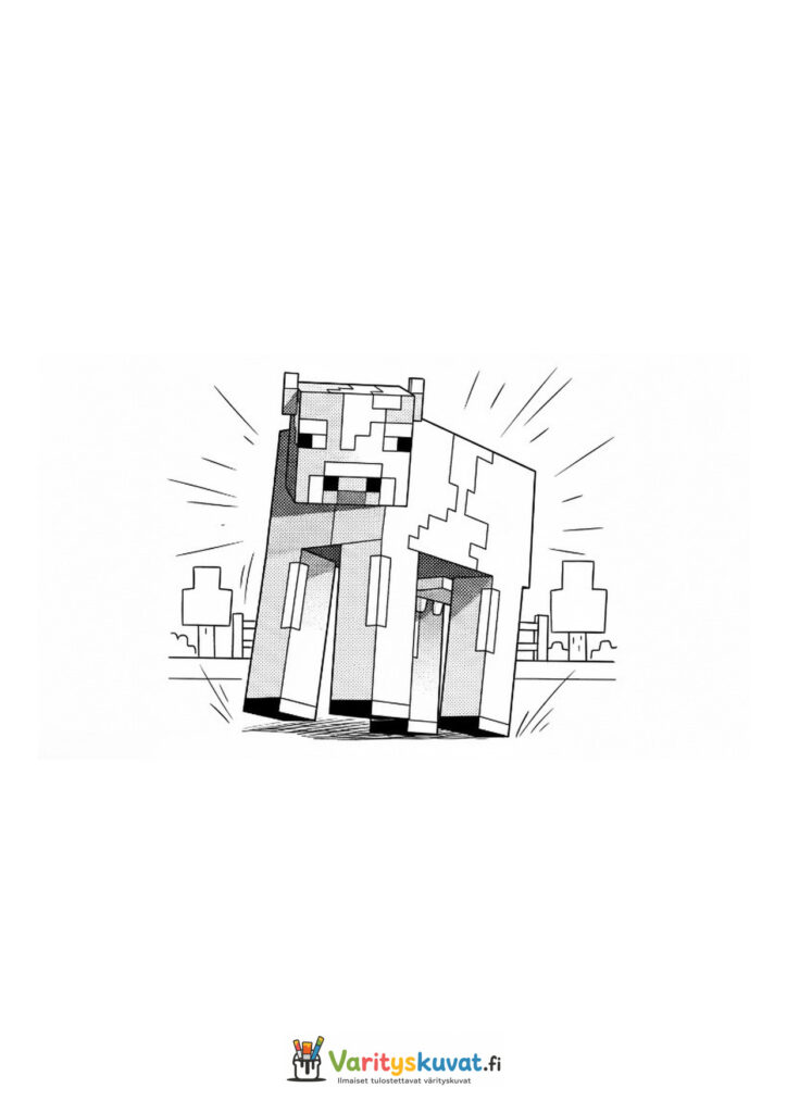 Minecraft-lehmä seisoo rauhallisesti kylämaiseman edessä.