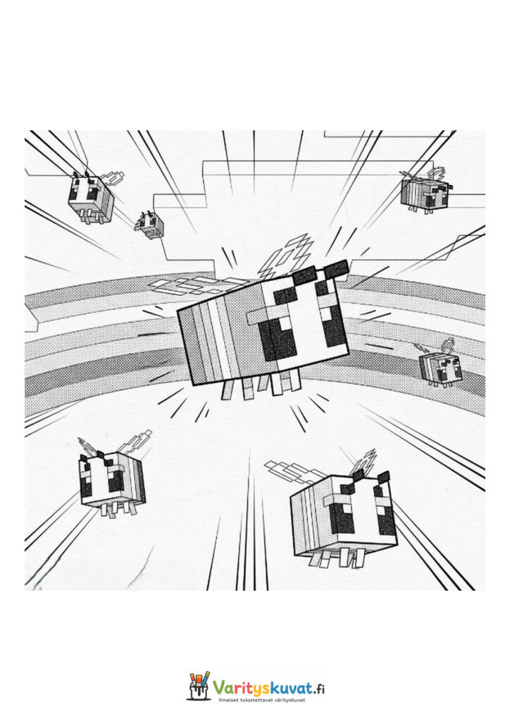 Useita Minecraft-mehiläisiä lentää vauhdikkaasti ilmassa.