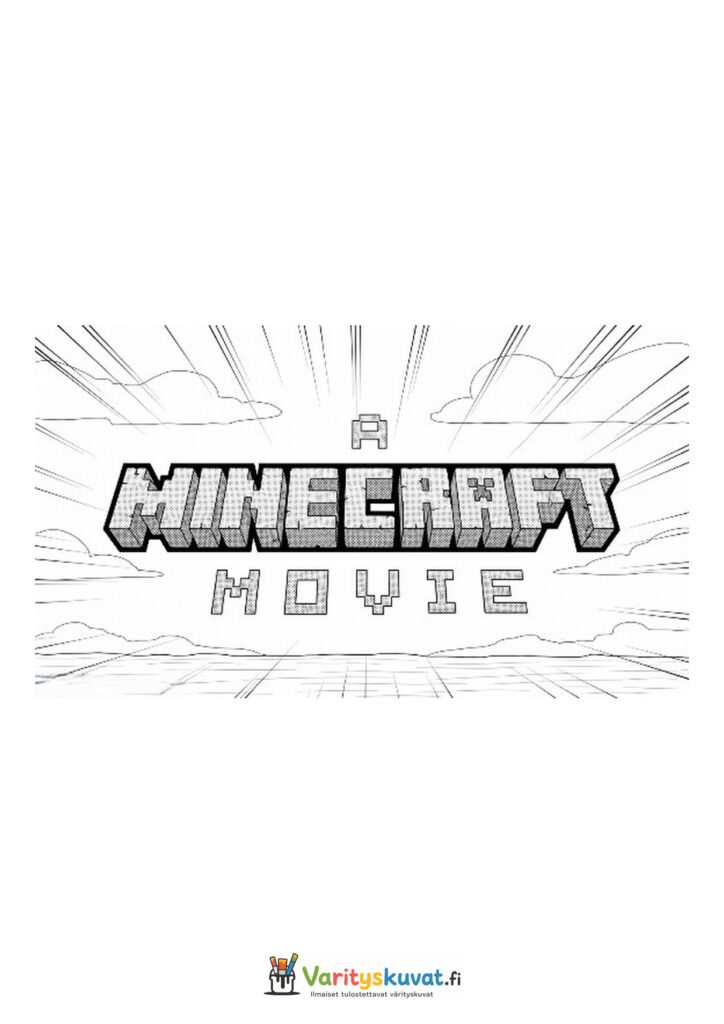 Minecraft Movie -logo kuutioisella tekstillä ja taustalla olevilla pilvillä.