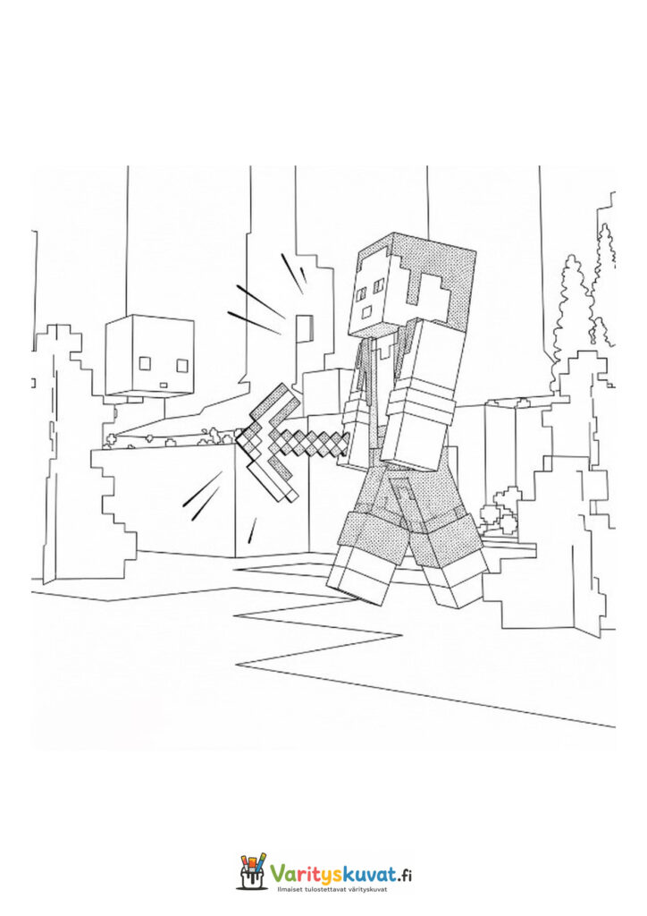 Minecraft-pelaaja kulkee miekka kädessään raunioiden keskellä.