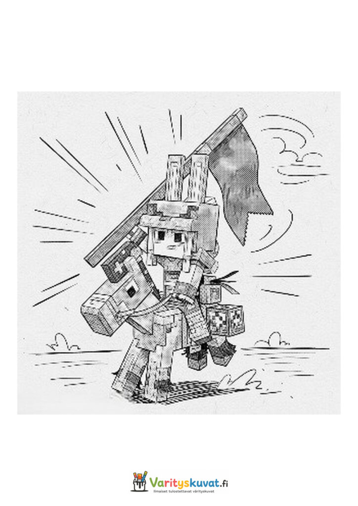 Minecraft-ratsastaja kulkee hevosella ja kantaa suurta lippua.