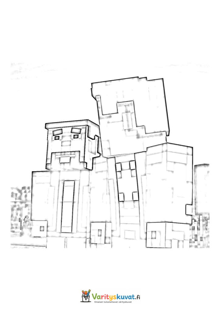 Minecraft-rautagolemi seisoo kyläläisen rinnalla.