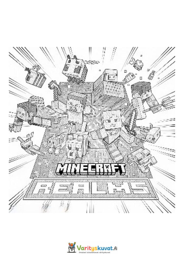 Minecraft Realms -logo ja suuri joukko hahmoja sekä eläimiä.
